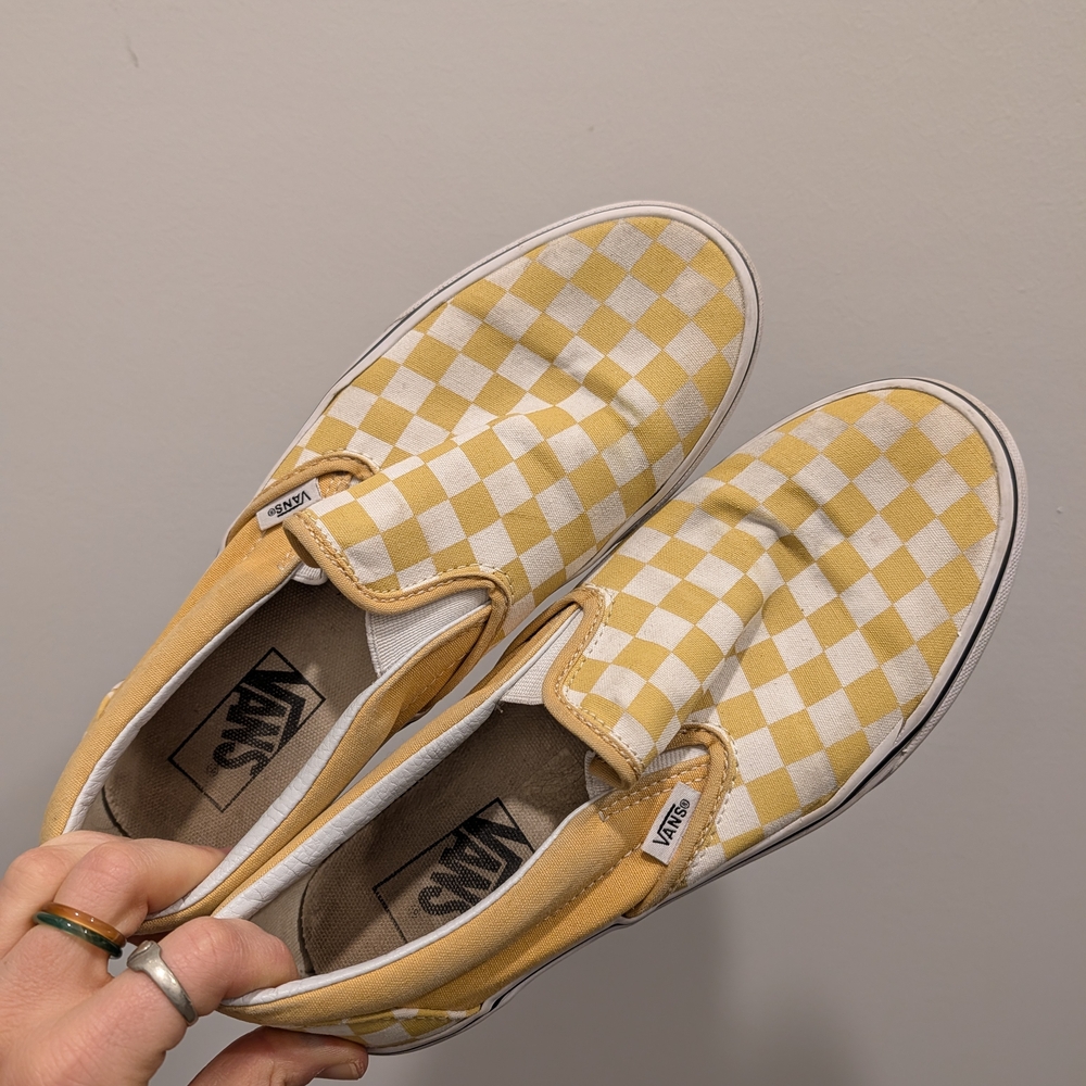 Vans Yellow and White Checkered Slip-ons Men's 7.5